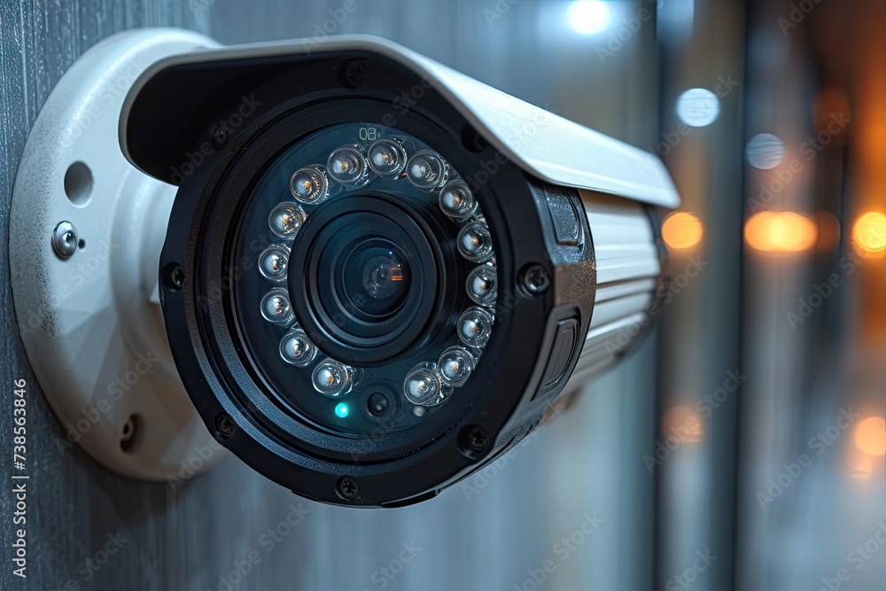 Urban surveillance camera watching over rainy city street - obrazy, fototapety, plakaty 