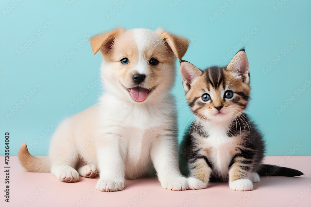 A puppy and a kitten smiling affectionately. Generative AI A puppy and a kitten smiling affectionately. Generative AI