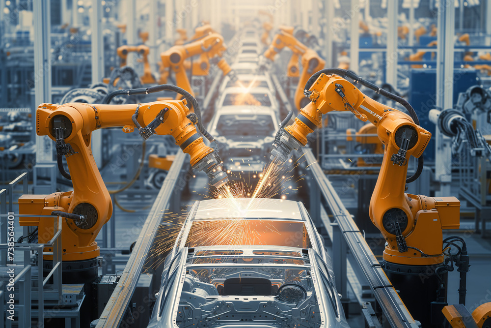 Automated robotic arms welding a car on an assembly line in a modern automobile manufacturing plant..