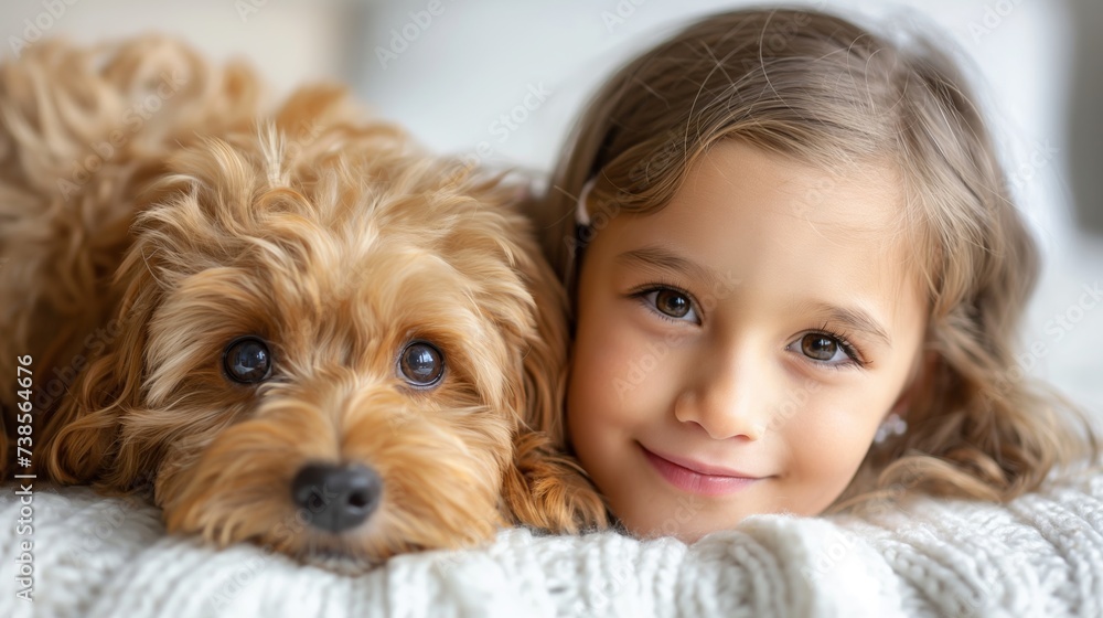 Little Girl with Goldendoodle Puppy created with Generative AI Technology, ai, generative