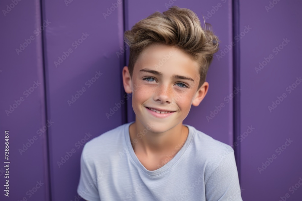 Portrait of a smiling boy on a purple background. The boy is wearing a white T-shirt. Portrait of a smiling boy on a purple background. The boy is wearing a white T-shirt.