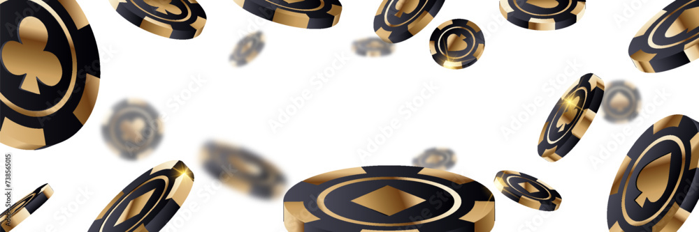 Set of 3d gold and black poker chips, token with shadow on transparent background. - obrazy, fototapety, plakaty 