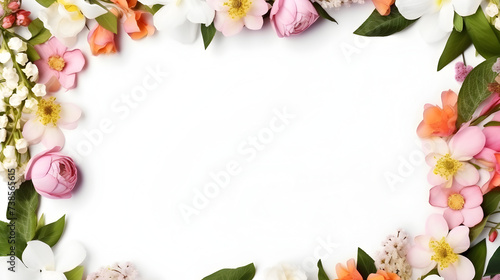 White background with colorful flowers around the edge