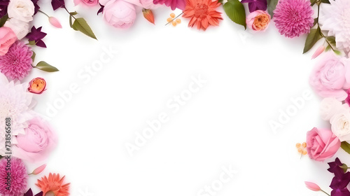 White background with colorful flowers around the edge