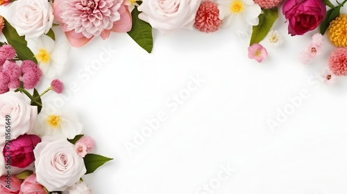 White background with colorful flowers around the edge
