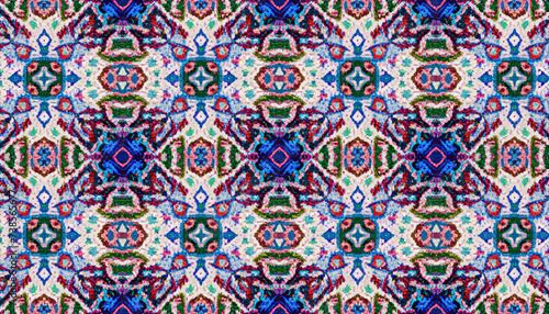 Ethnic Turkish. Vivid Portuguese Tiles Azulejos. Ethnic Africa. Tile Graphic. Cosmos Seamless Ikat Pattern. Ornaments On Tiles. Bright Ikat Texture.