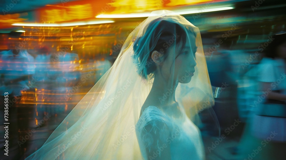Fading Innocence: Blurred figures pass by as a young bride's innocence fades into the background. Fading Innocence: Blurred figures pass by as a young bride's innocence fades into the background.