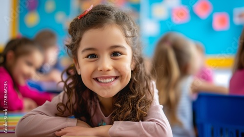 Portrait of a smiling young girl in classroom, representing childhood joy and primary education.