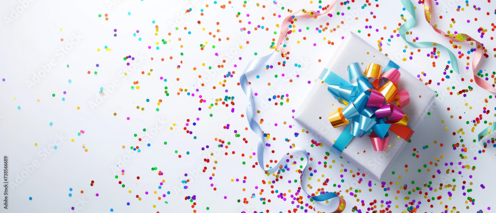 Gift box with colorful ribbon surrounded by confetti on a white background. Overhead photography capturing celebration and festive atmosphere. Party and gift-giving concept Gift box with colorful ribbon surrounded by confetti on a white background. Overhead photography capturing celebration and festive atmosphere. Party and gift-giving concept