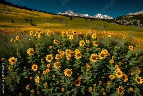 Heartleaf Arnica sunflower montana flowers in meadow mountain range. Wildflower wildflowers with the sage brush is a native blossom sunflowers species of Yellowstone Park Crandall Wyoming flower. photo