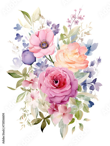 Watercolor floral decorations on transparent background