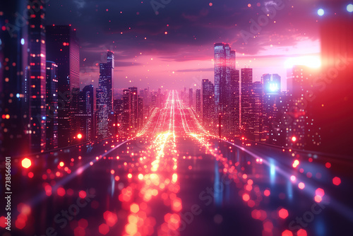 Beautiful futuristic landscape of a big city at night with glowing lights.