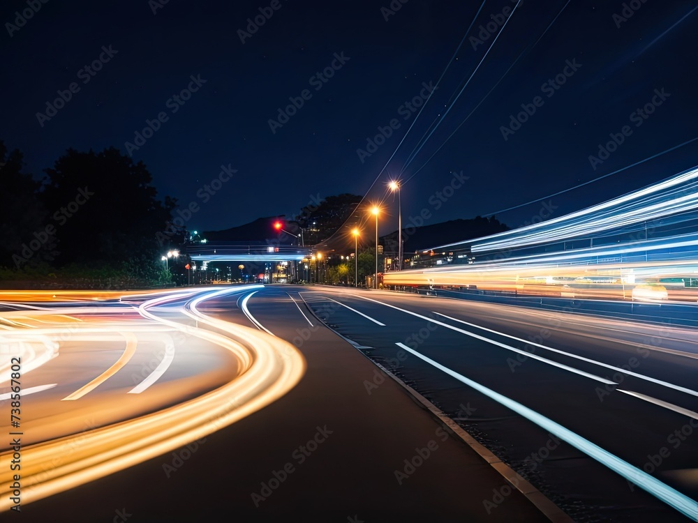 Nighttime scene with blurry background and light trails as it moves forward. Nighttime scene with blurry background and light trails as it moves forward.