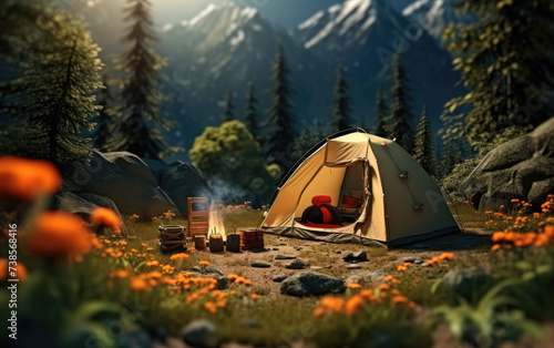 Tourist tent in forest camp among meadow. Travel concept.
