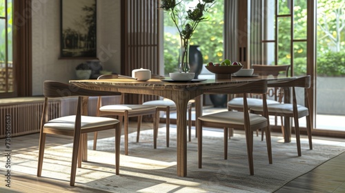 Contemporary dining room with natural wood furniture and serene decor, ideal for articles on modern home design and living.