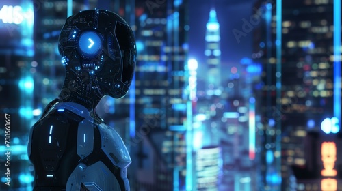 Futuristic robot in cityscape at night, perfect for topics on artificial intelligence, future technology, and robotics.