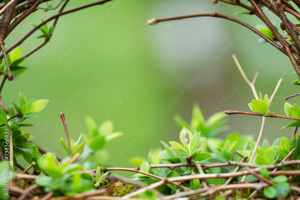 Lush green leaves sprouting on interwoven branches, symbolizing new life and the arrival of spring. Lush green leaves sprouting on interwoven branches, symbolizing new life and the arrival of spring.