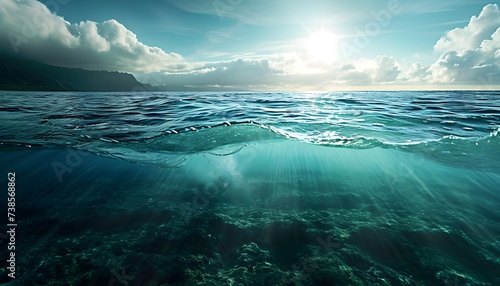 view of underwater ocean and waves on surface deep blue sun and clouds seascape 