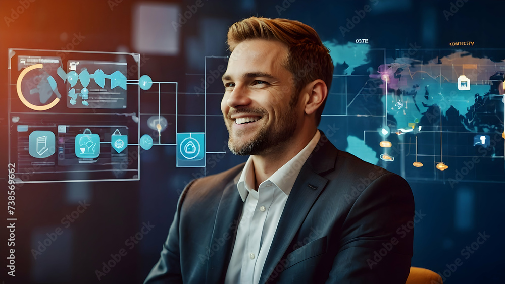 businessman touching interface businessman touching interface