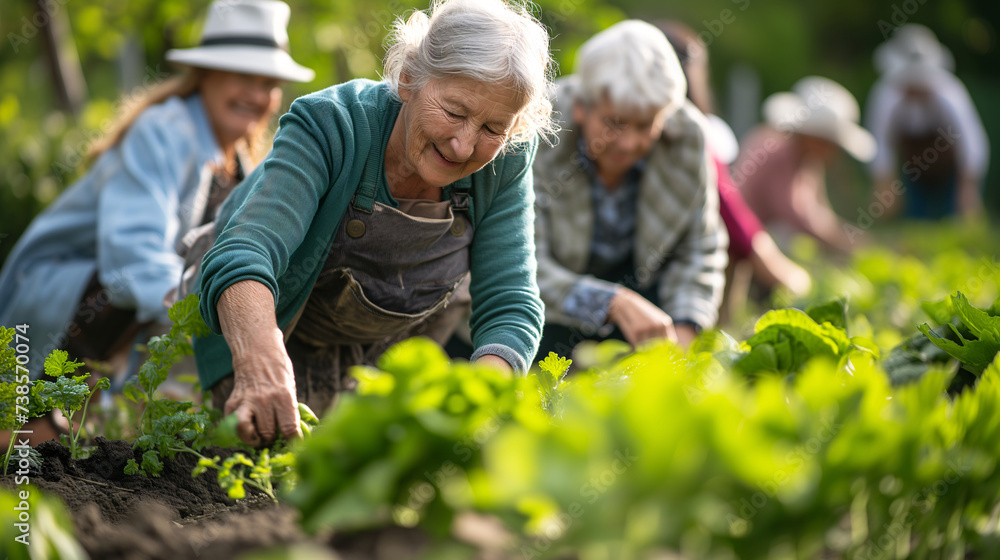 Fototapeta premium gathering of seniors tends to lush crops in a sun-drenched community garden, enveloped by vibrant greenery, relishing the fresh air and camaraderie