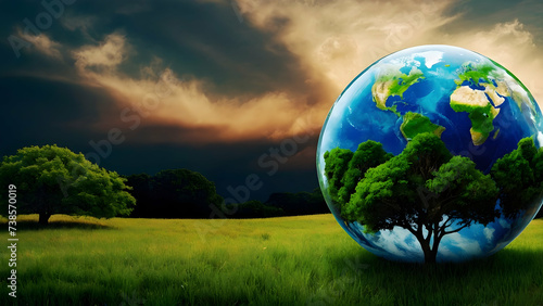 Abstract Earth Globe with Trees and Clouds, Environmental Conservation Concept with Copy Space  © Gohgah