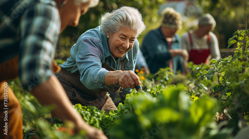 group of senior citizens gathered in a community garden surrounded by vibrant greenery under the sun, tending to the crops and enjoying the fresh air photo