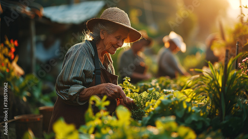 group of senior citizens gathered in a community garden surrounded by vibrant greenery under the sun, tending to the crops and enjoying the fresh air