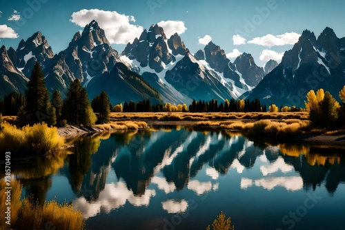 Landscape view of Grand Teton mountains with water reflection