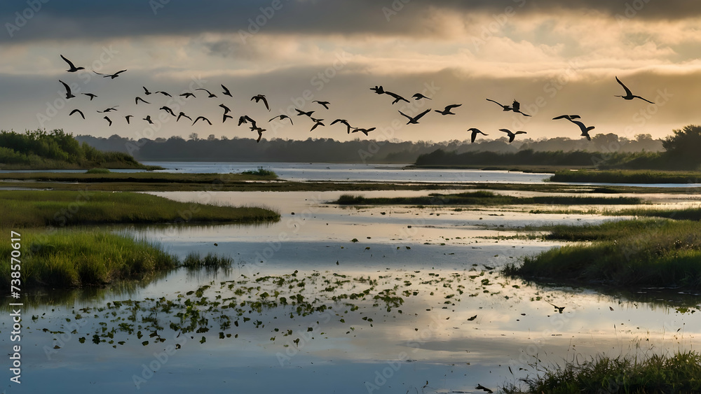 Flock of Birds Flying Over Coastal Wetlands, Room for Wildlife Protection Messaging
