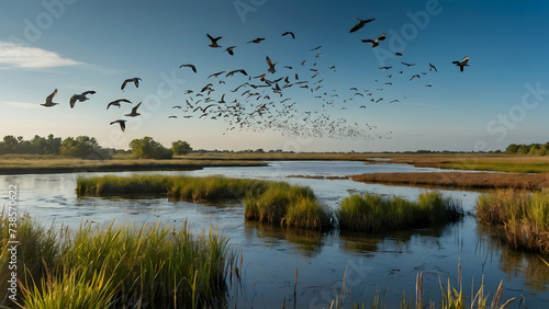Flock of Birds Flying Over Coastal Wetlands, Room for Wildlife Protection Messaging  © Gohgah