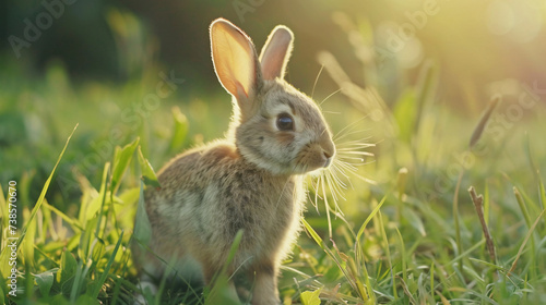 Cute rabbit stepping on grass with green