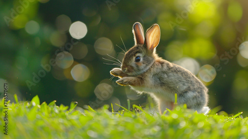 Cute rabbit stepping on grass with green