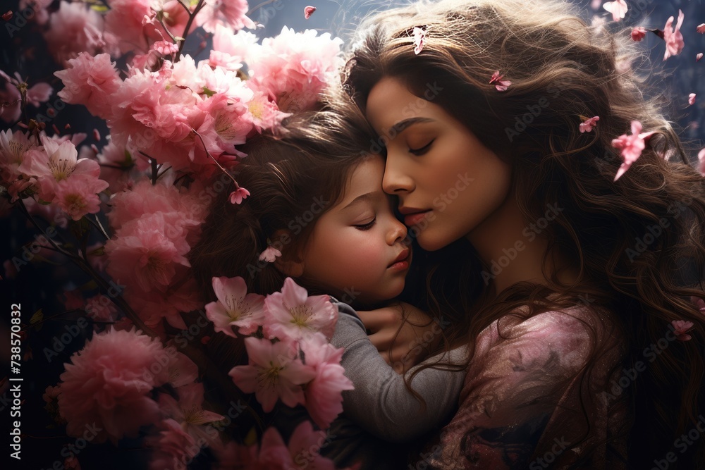 A mother hugs her sleeping daughter by a flowering tree. Mothers Day.