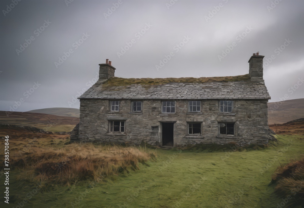 Fototapeta premium Old stone private house in a secluded location, scenic spots, daytime, vintage, abandoned
