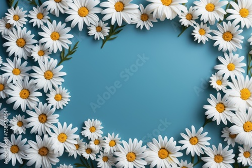 Flower frame made of daisies on a blue background. © kvladimirv