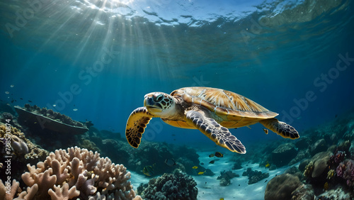 Ocean Conservation Concept, Sea Turtle Swimming Among Coral Reefs, Room for Marine Protection Message  © Gohgah