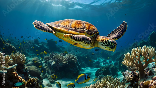 Ocean Conservation Concept, Sea Turtle Swimming Among Coral Reefs, Room for Marine Protection Message 