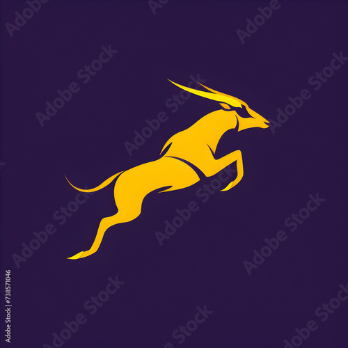 A logo illustration of a jumping antelope on purple background. Created with generative AI.