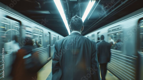 A Man Standing in a Busy Subway Station, Surrounded by Blurry Movements of Commuters, Wearing a Suit.