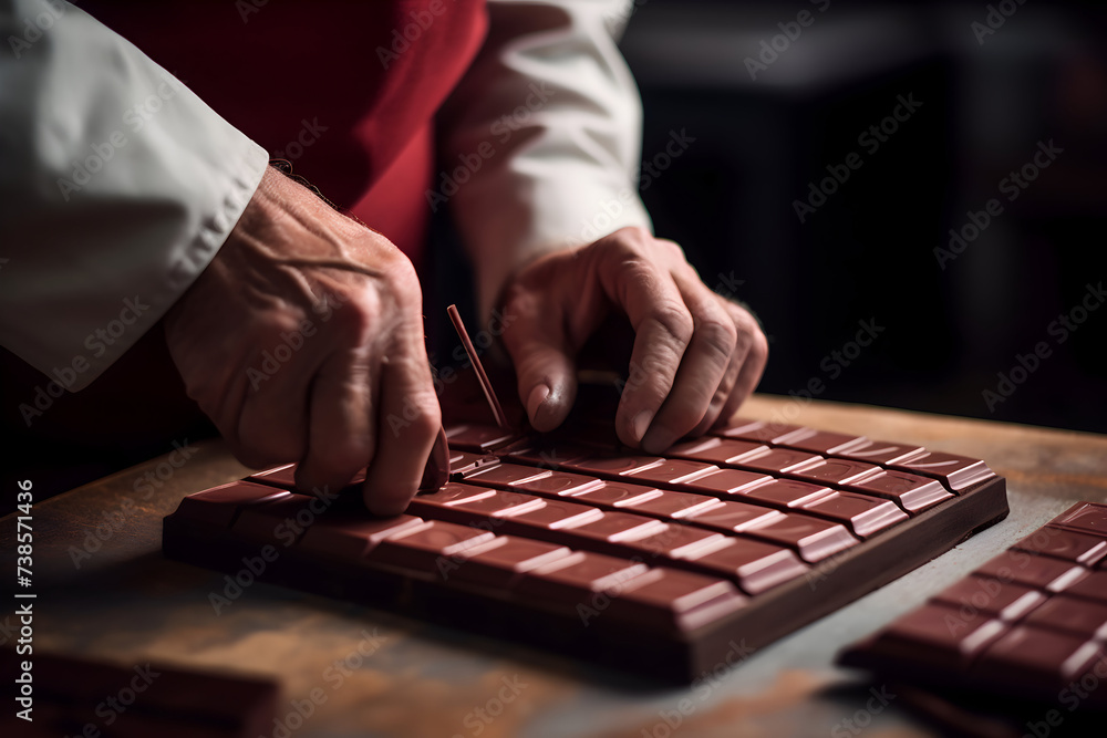 Fototapeta premium Close-up image of a man working on a chocolate bar.