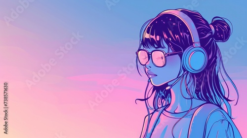Lofi Vibes Anime-Style Girl in Big Headphones  Surrounded by Blue  Purple  and Pink Tones  with Copy Space for a Chill Atmosphere