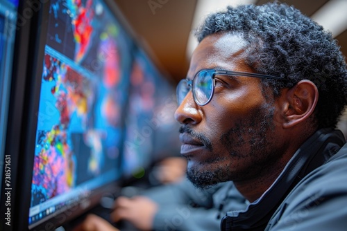 A focused African male meteorologist analyzes colorful weather patterns on multiple monitors, displaying a vibrant mix of blue and red hues.