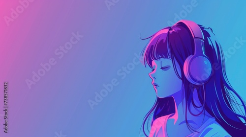 Lofi Vibes Anime-Style Girl in Big Headphones, Surrounded by Blue, Purple, and Pink Tones, with Copy Space for a Chill Atmosphere