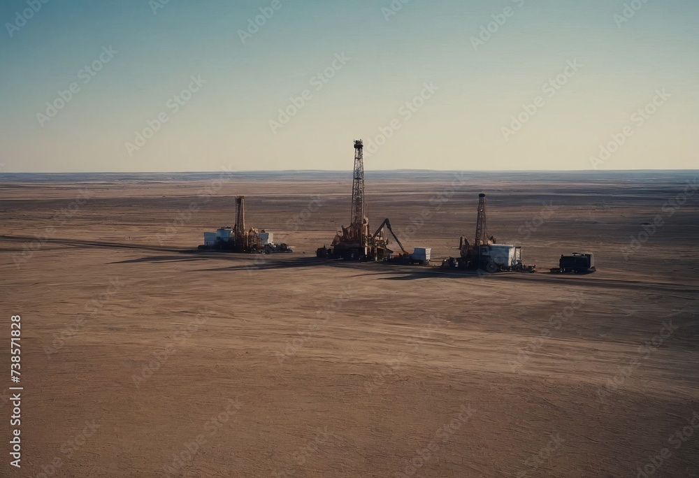 Fototapeta premium Oil and gas industry. Working oil pump jack on oil field at sunset. Industrial theme