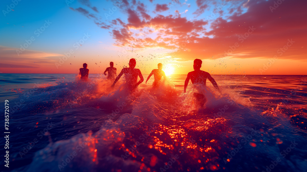 Group of teenage young people having fun in the sea at sunset on spring break - obrazy, fototapety, plakaty 