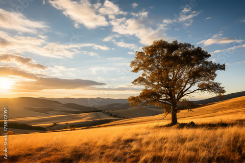 Lonely tree in the field at sunset  New Zealand.