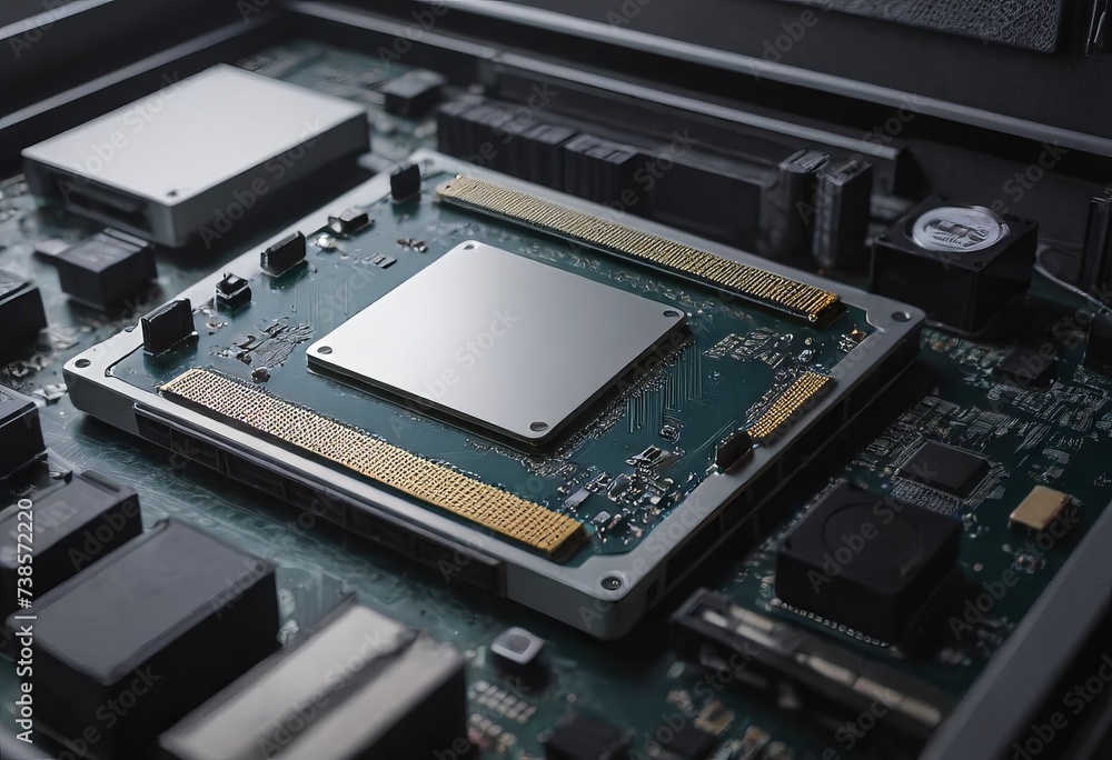 Modern CPU processor installed on a brand new motherboard, object detail, extreme closeup, nobody. Modern CPU processor installed on a brand new motherboard, object detail, extreme closeup, nobody.