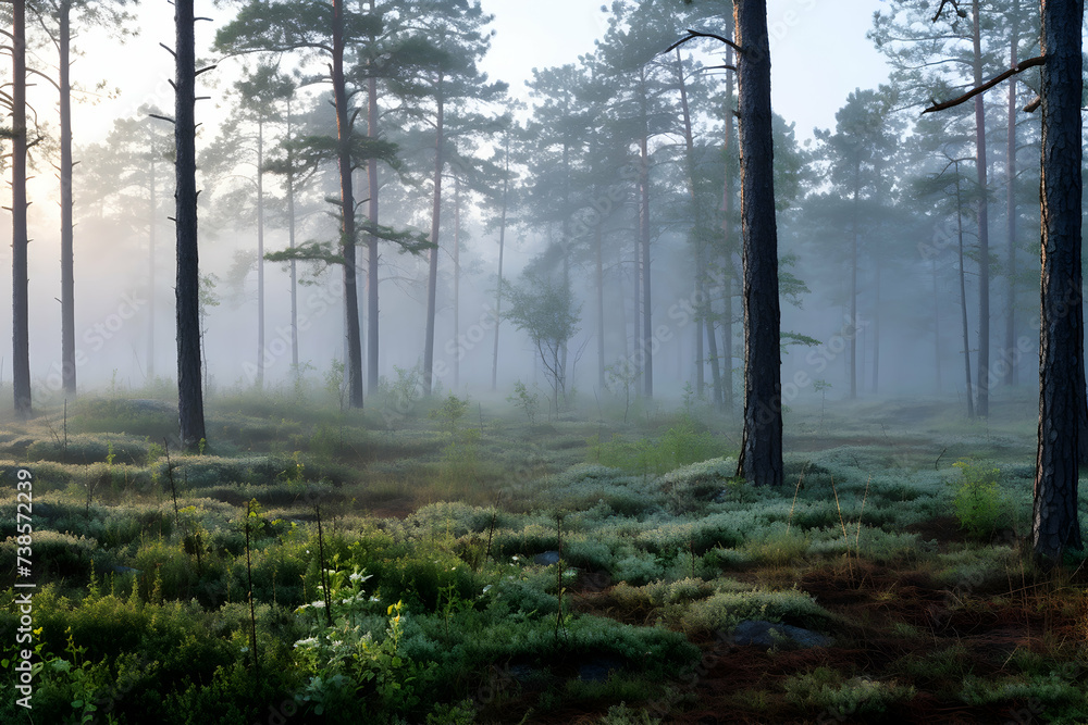 Misty morning in the pine forest. Landscape with fog.