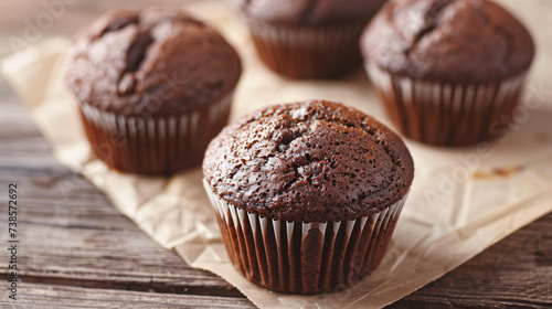 Delicious chocolate muffins on table