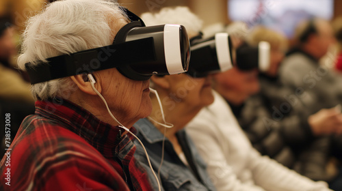 group of pensioners play a video game together using a virtual reality headset. Elderly people enjoying a hobby